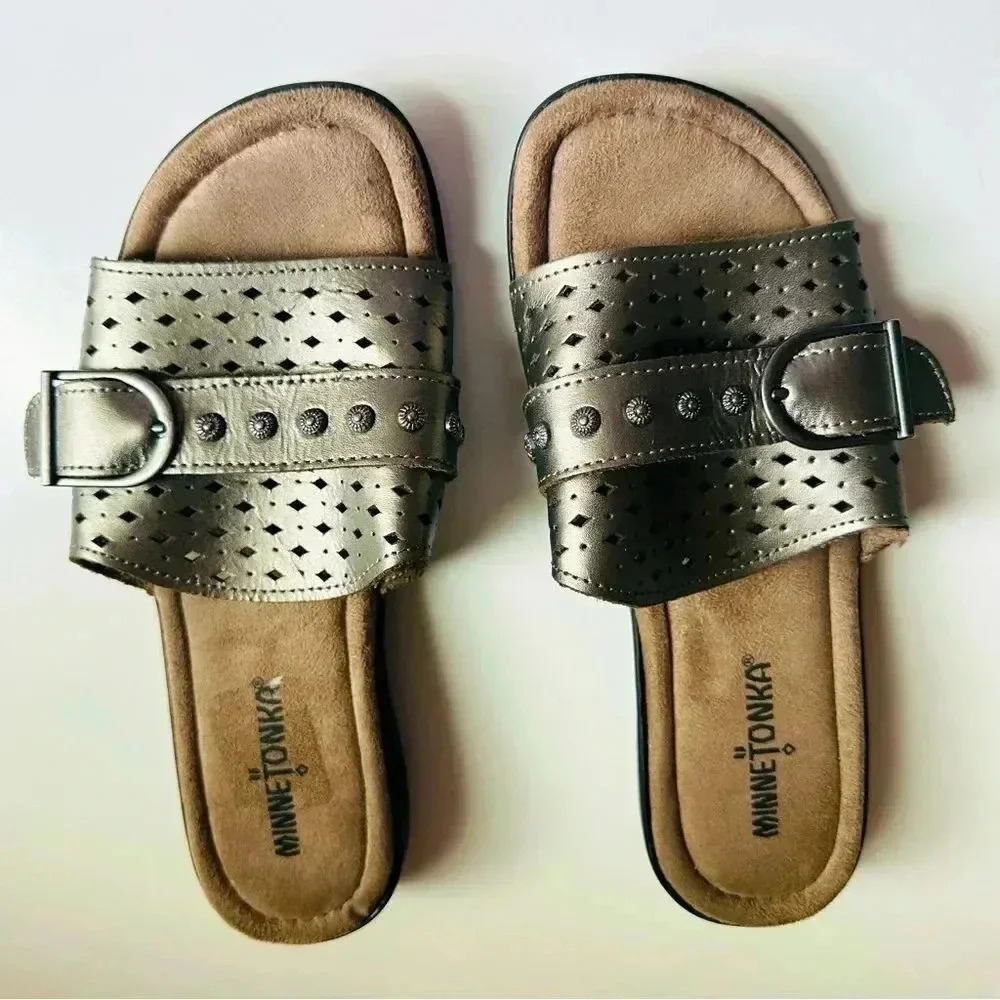 Minnetonka Metallic Leather Concho Slide Sandals